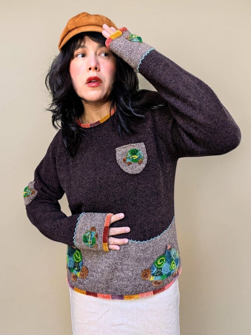 For Stitches VTG 90's boho cottage whimsygoth turtles colorblock sweater W's M